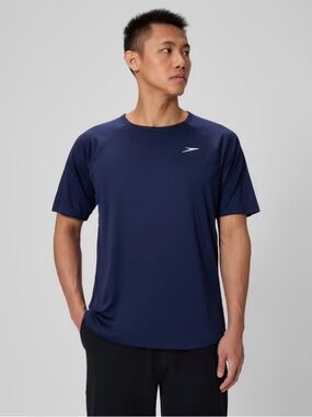 New Speedo T-Shirt Mens Small Blue Swim Rashguard Crew Neck UV Protection 50+